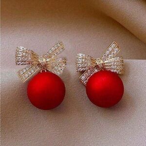 Gold Bow Rhinestones with Red Christmas Ornament Earrings
